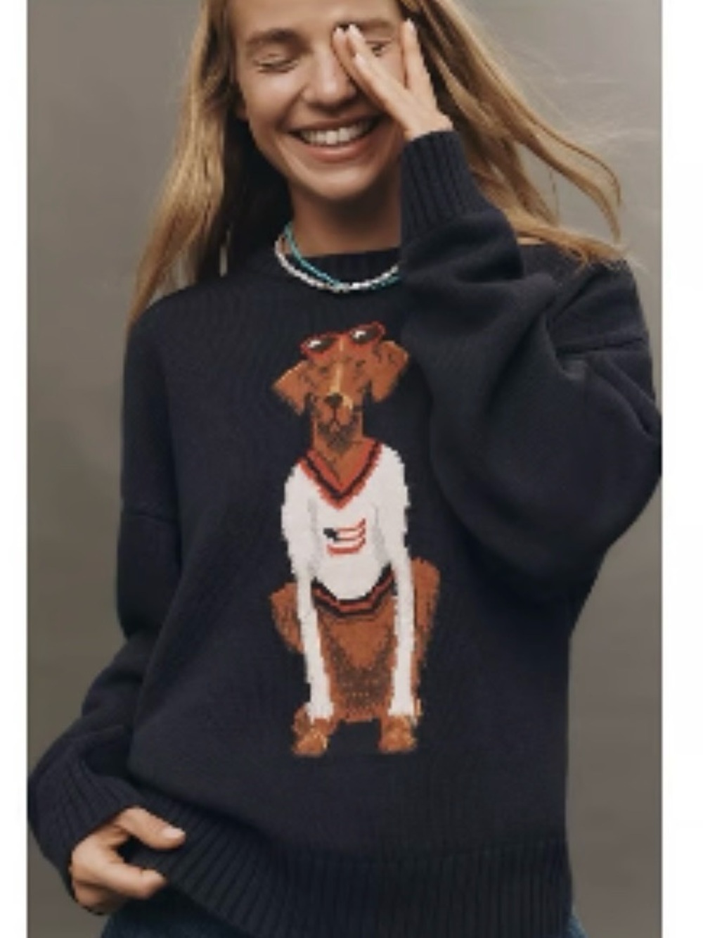 Anthropologie Jolene Americana Pullover Navy Dog Graphic Sweater Cotton XS S